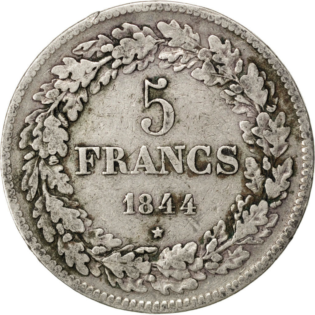BELGIUM, 5 Francs, 5 Frank, 1844, KM #3.1, VF(20-25), Silver, 24.70