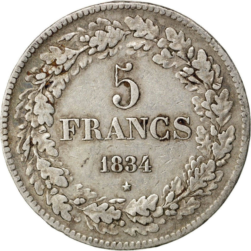 BELGIUM, 5 Francs, 5 Frank, 1834, KM #3.1, VF(30-35), Silver, 24.86
