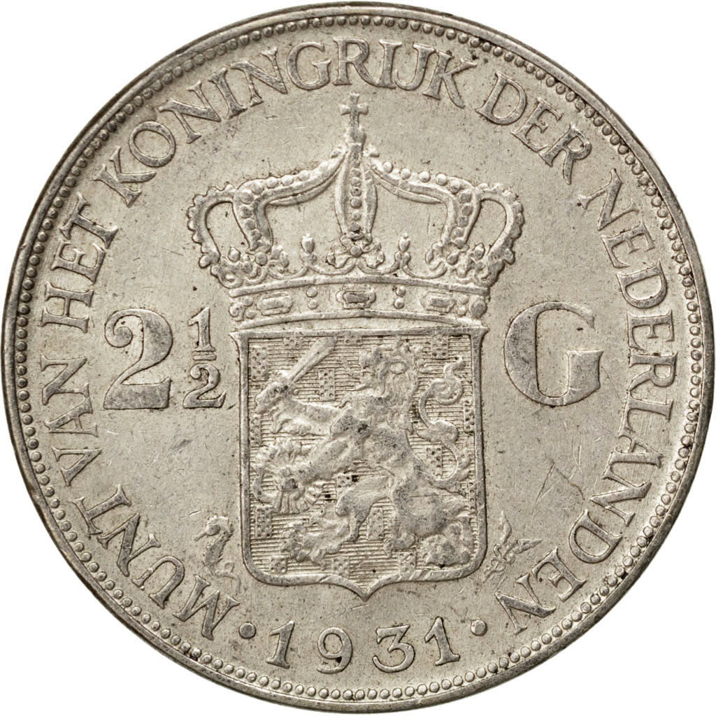 NETHERLANDS, 2-1/2 Gulden, 1931, KM #165, EF(40-45), Silver, 38, 24.93