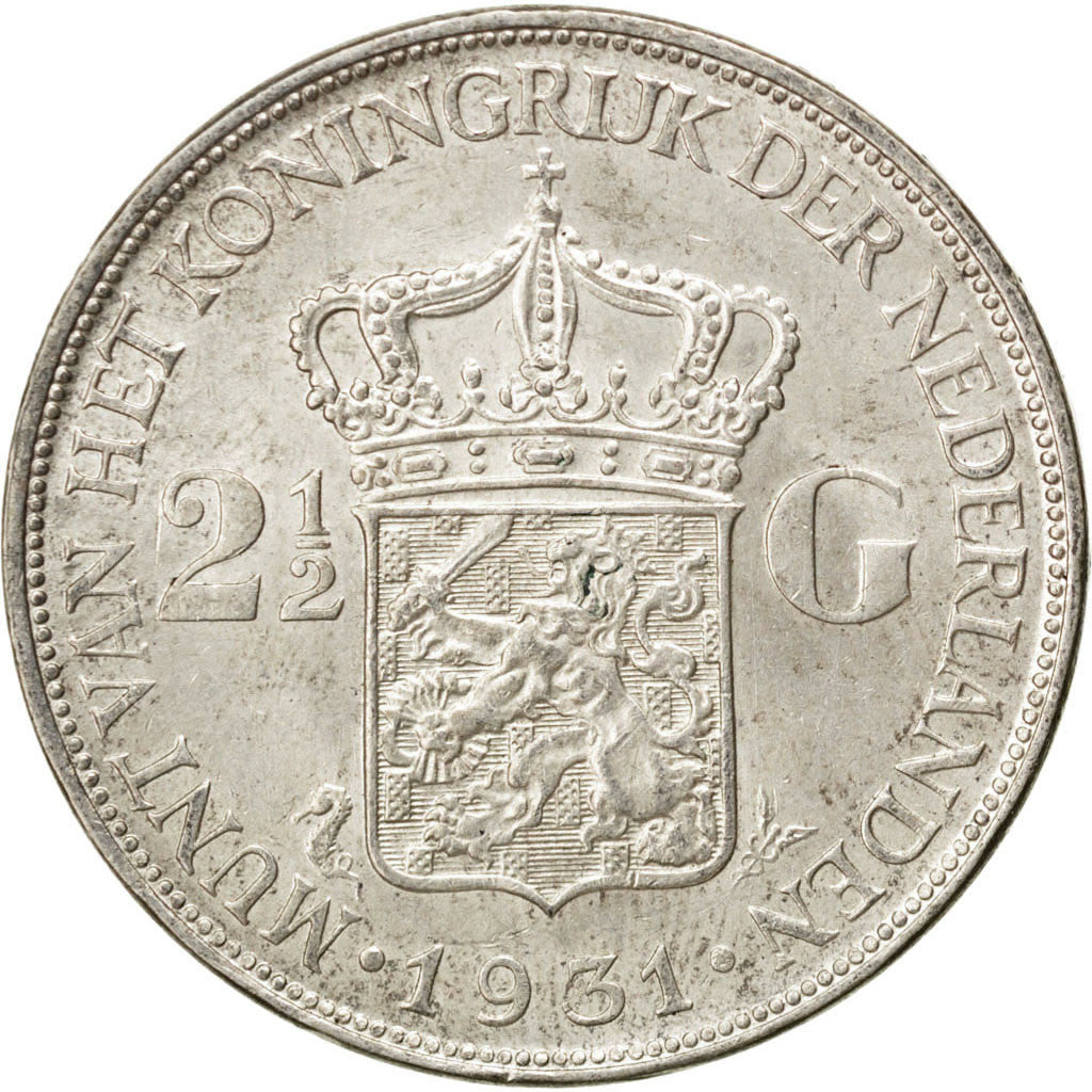 NETHERLANDS, 2-1/2 Gulden, 1931, KM #165, AU(50-53), Silver, 38, 0.00