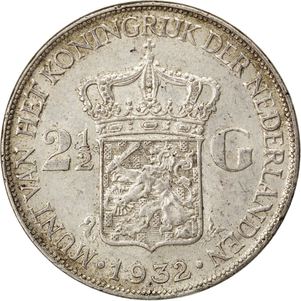 NETHERLANDS, 2-1/2 Gulden, 1932, KM #165, EF(40-45), Silver, 38, 24.98