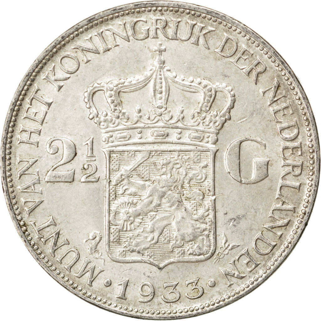 NETHERLANDS, 2-1/2 Gulden, 1933, KM #165, AU(50-53), Silver, 38, 24.90