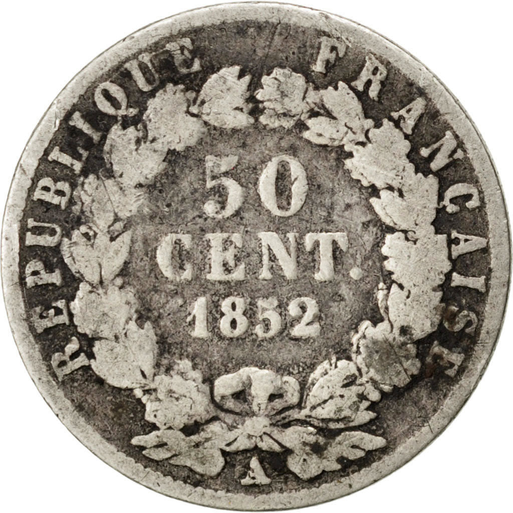FRANCE, Napoléon III, 50 Centimes, 1852, Paris, KM #793, VG(8-10), Silver, G...
