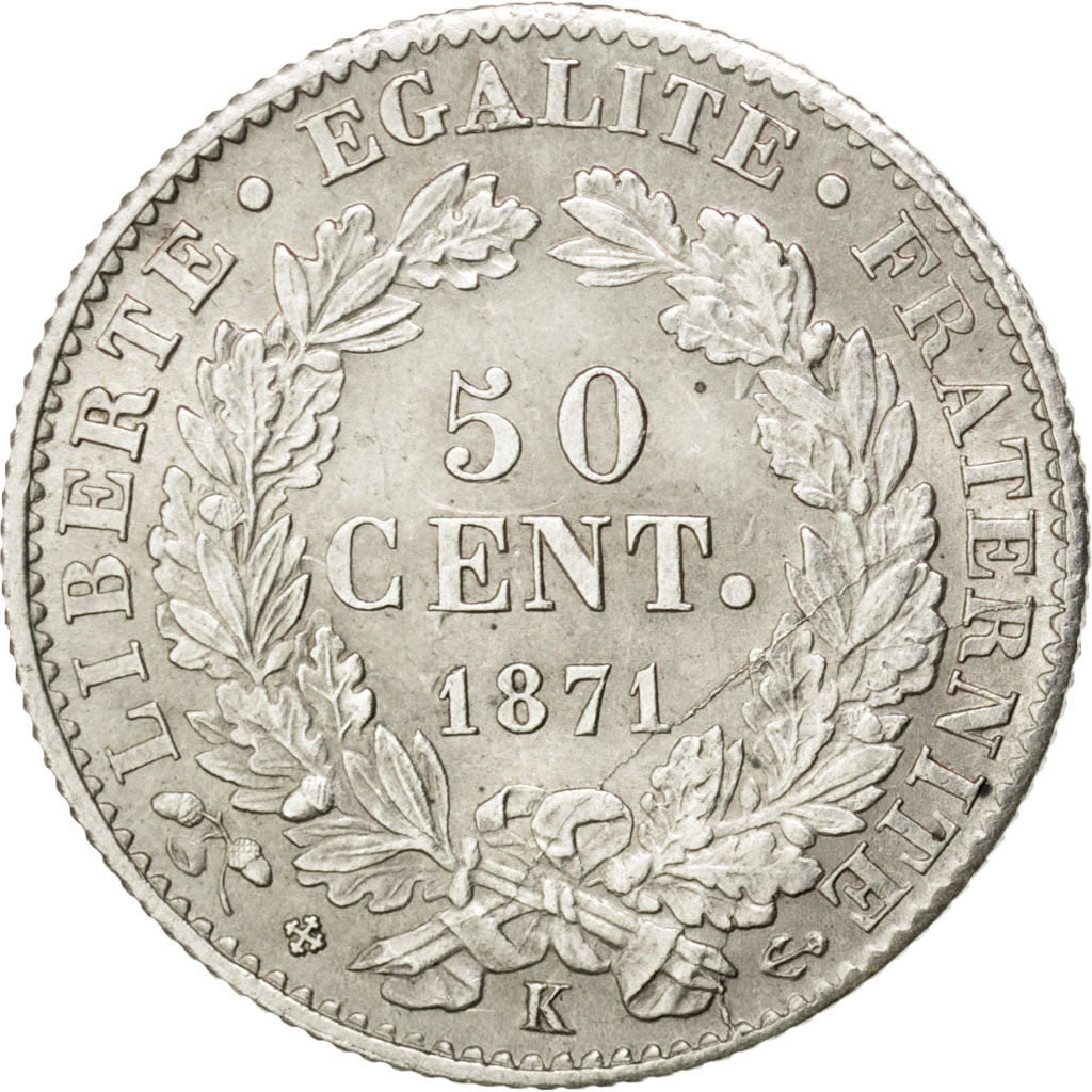 France, Cérès, 50 Centimes, 1871 K, Bordeaux, KM:834.2, PCGS MS63
