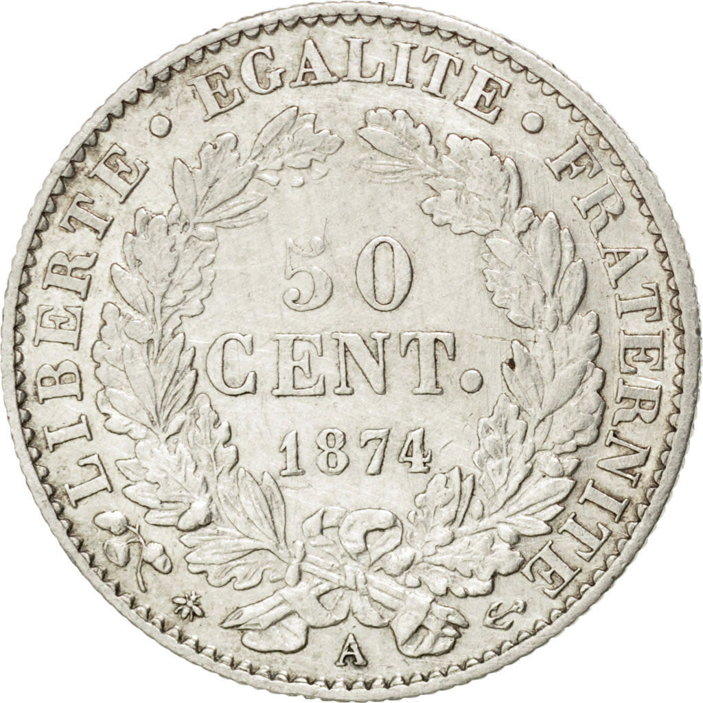 FRANCE, Cérès, 50 Centimes, 1874, Paris, KM #834.1, EF(40-45), Silver, 18, G...