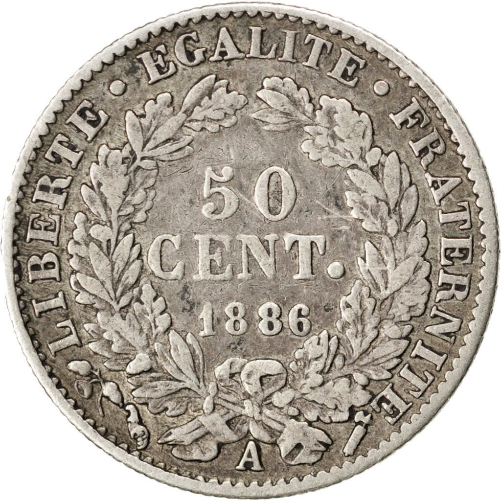 FRANCE, Cérès, 50 Centimes, 1886, Paris, KM #834.1, VF(30-35), Silver, 18, G...