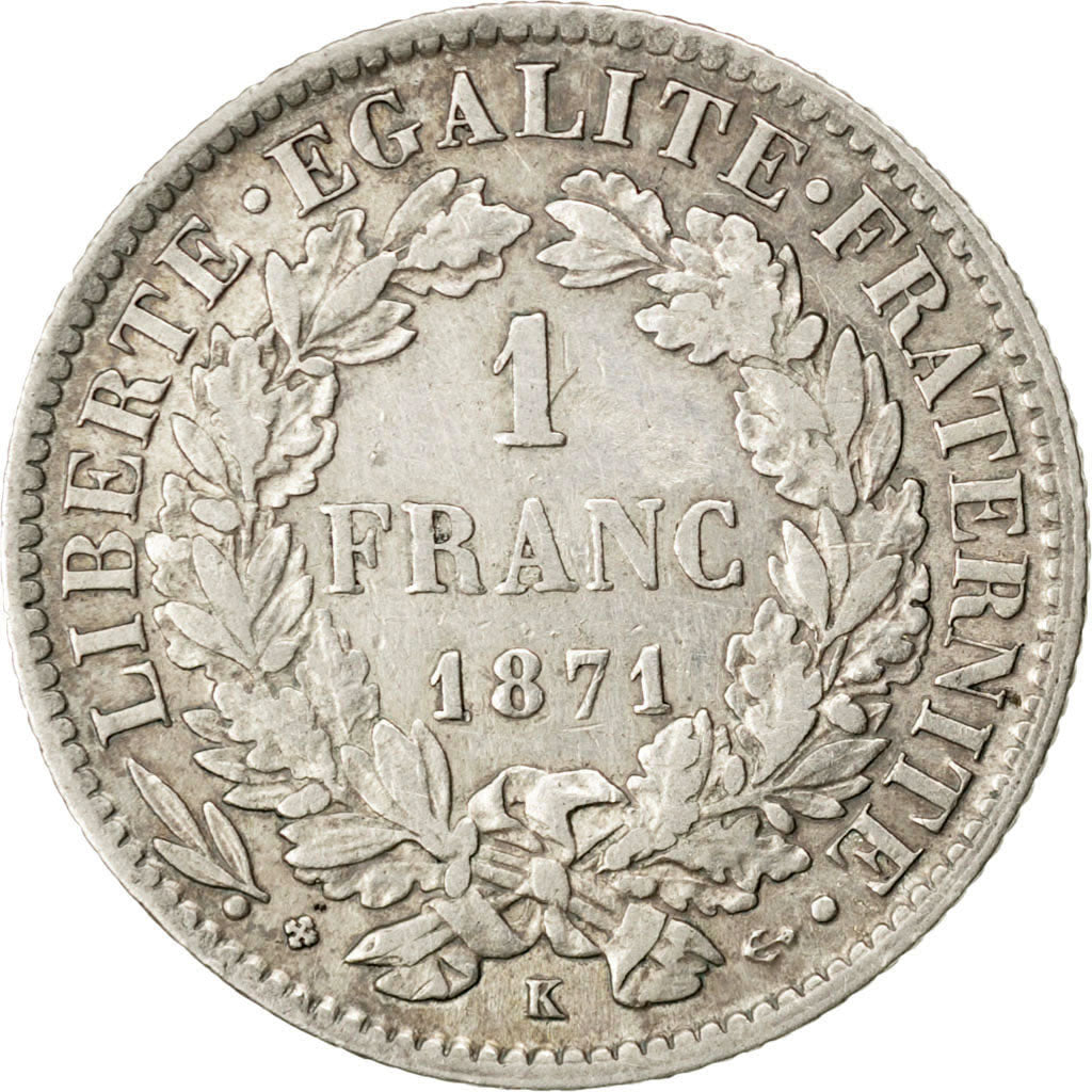 FRANCE, Cérès, Franc, 1871, Bordeaux, KM #822.2, EF(40-45), Silver, 23, Gadoury