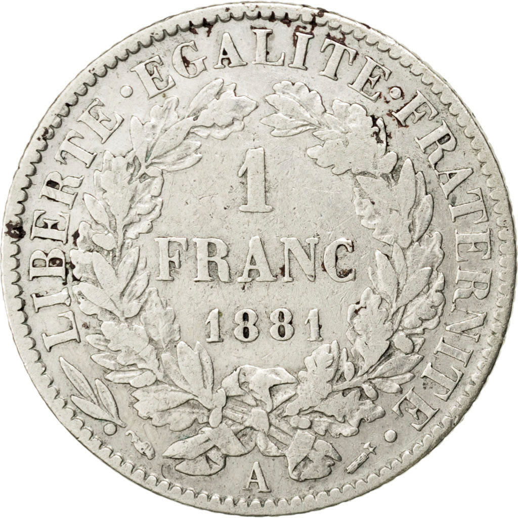 FRANCE, Cérès, Franc, 1881, Paris, KM #822.1, EF(40-45), Silver, 23, Gadoury #..