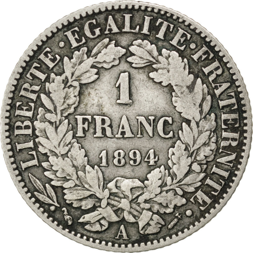 FRANCE, Cérès, Franc, 1894, Paris, KM #822.1, VF(20-25), Silver, 23, Gadoury #..