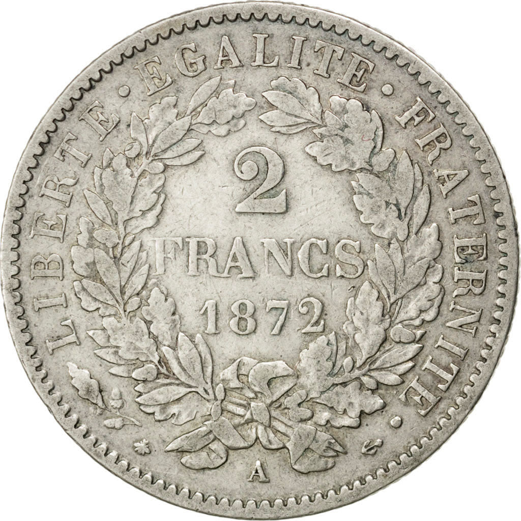 FRANCE, Cérès, 2 Francs, 1872, Paris, KM #817.1, VF(30-35), Silver, 27, Gadoury