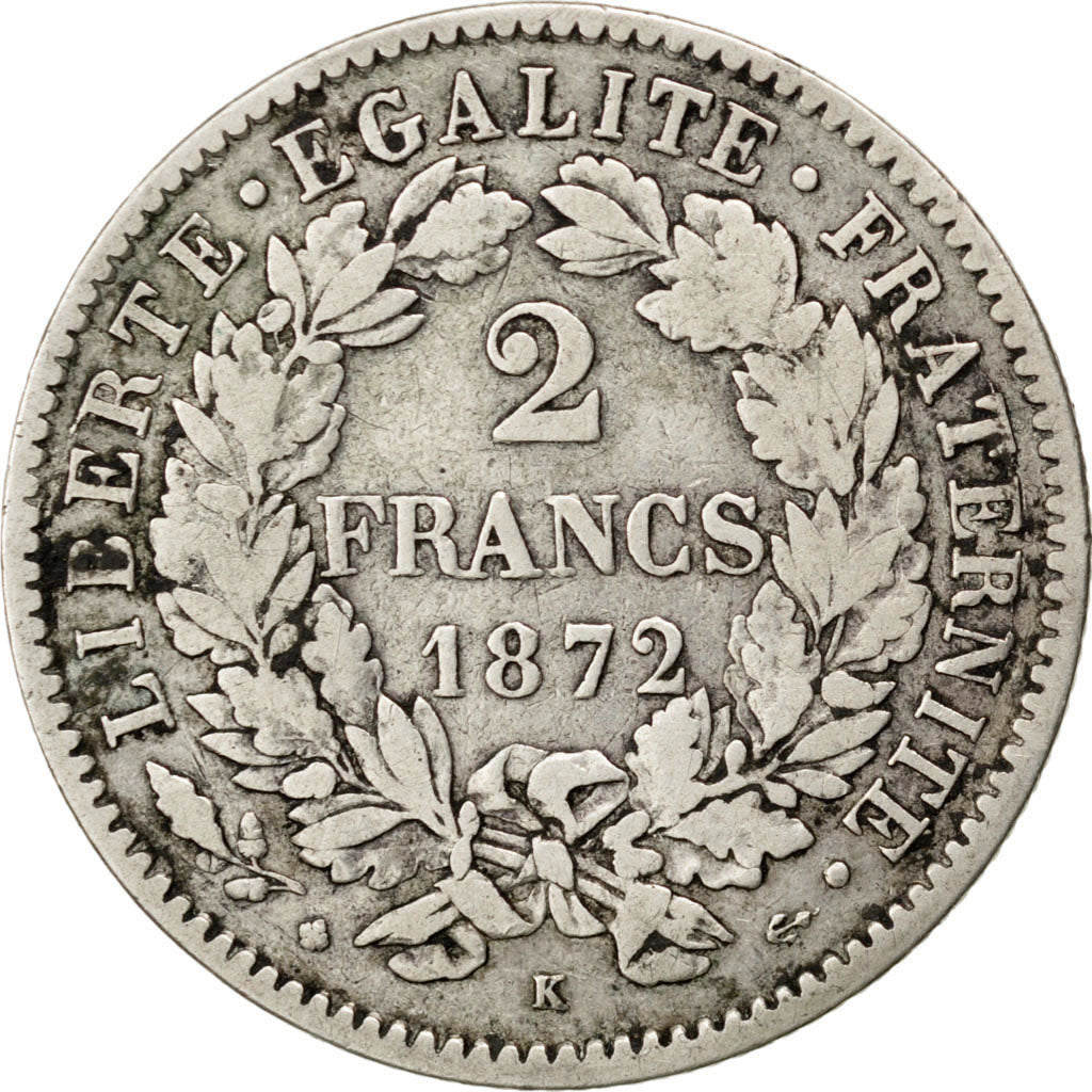 FRANCE, Cérès, 2 Francs, 1872, Bordeaux, KM #817.2, VF(20-25), Silver, 27, G...