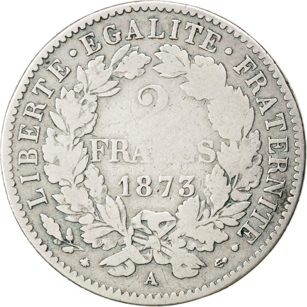 FRANCE, Cérès, 2 Francs, 1873, Paris, KM #817.1, F(12-15), Silver, 27, Gadoury #