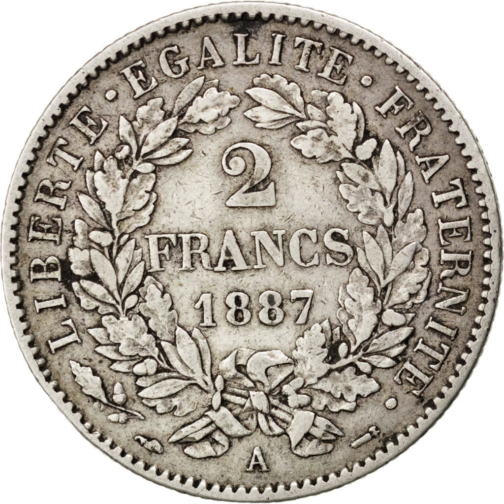 FRANCE, Cérès, 2 Francs, 1887, Paris, KM #817.1, EF(40-45), Silver, 27, Gadoury