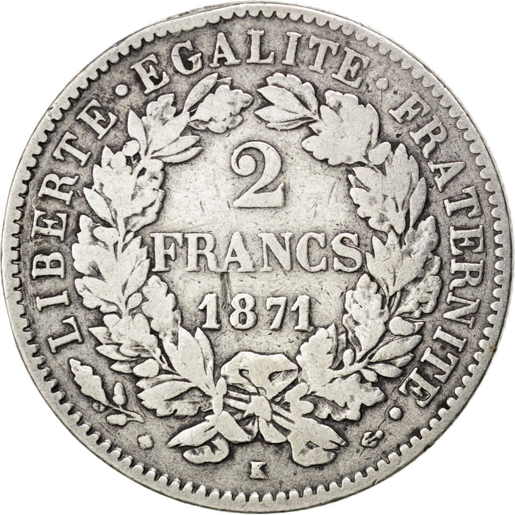 FRANCE, Cérès, 2 Francs, 1871, Bordeaux, KM #816.2, VF(20-25), Silver, Gadoury #