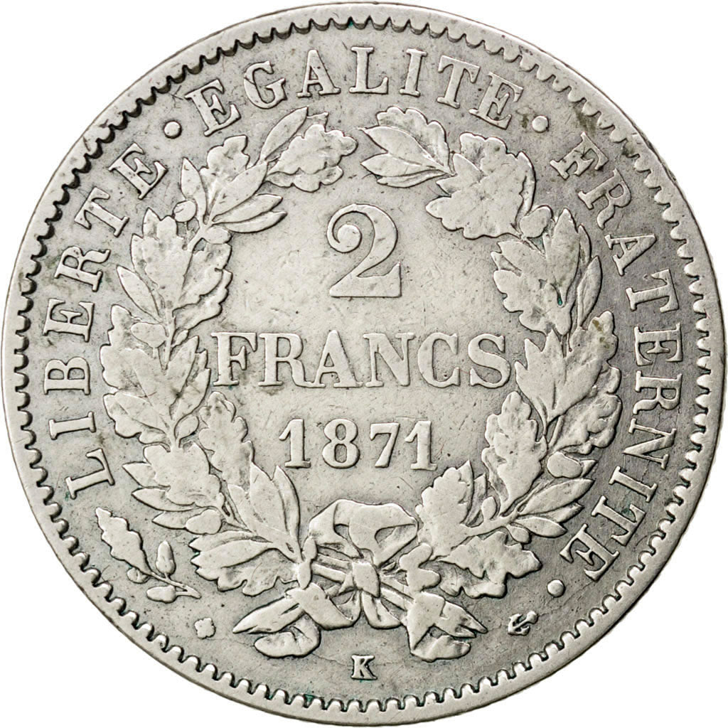 FRANCE, Cérès, 2 Francs, 1871, Bordeaux, KM #816.2, EF(40-45), Silver, Gadoury #