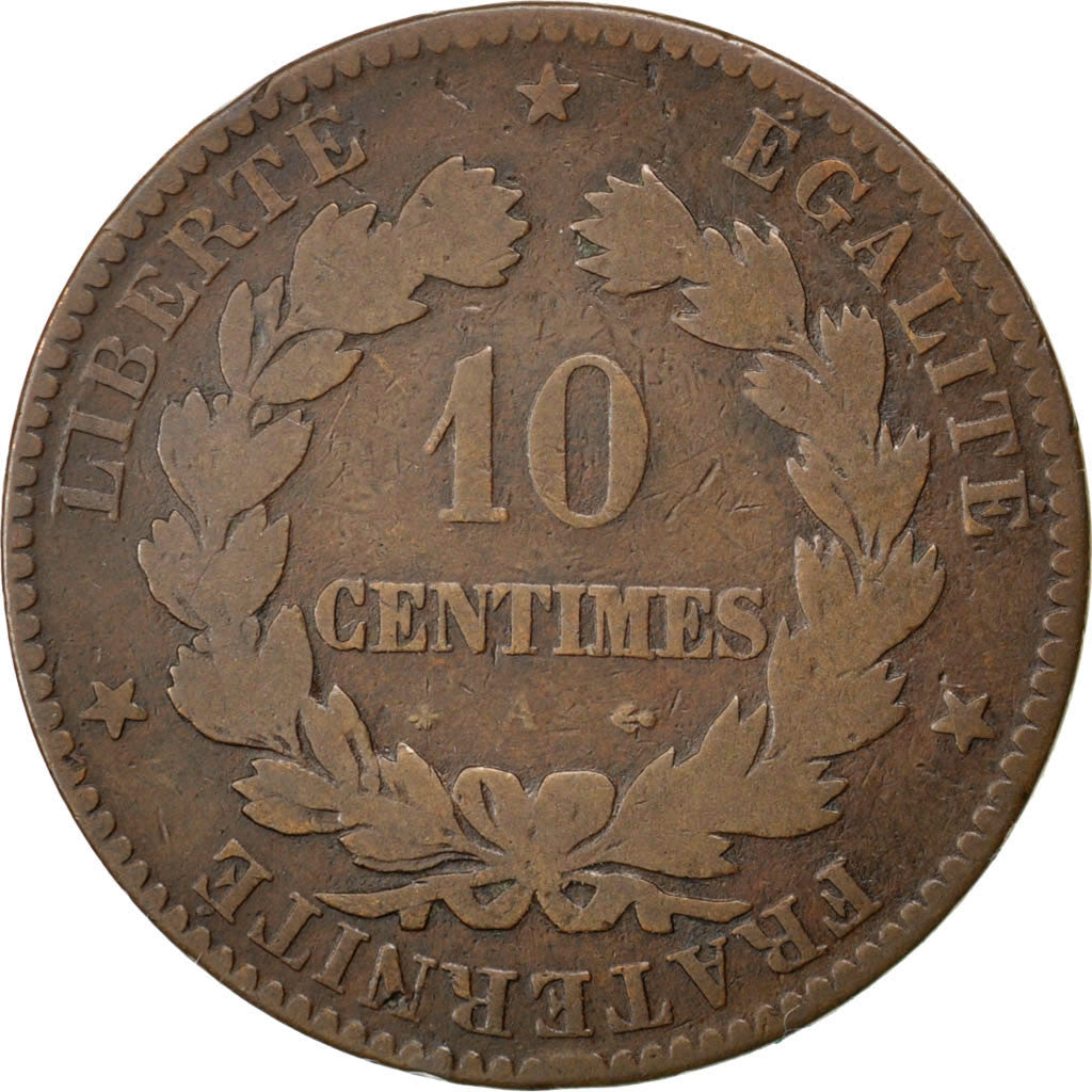 Moneda, Francia, Cérès, 10 Centimes, 1872, Paris, BC, Bronce, KM:815.1