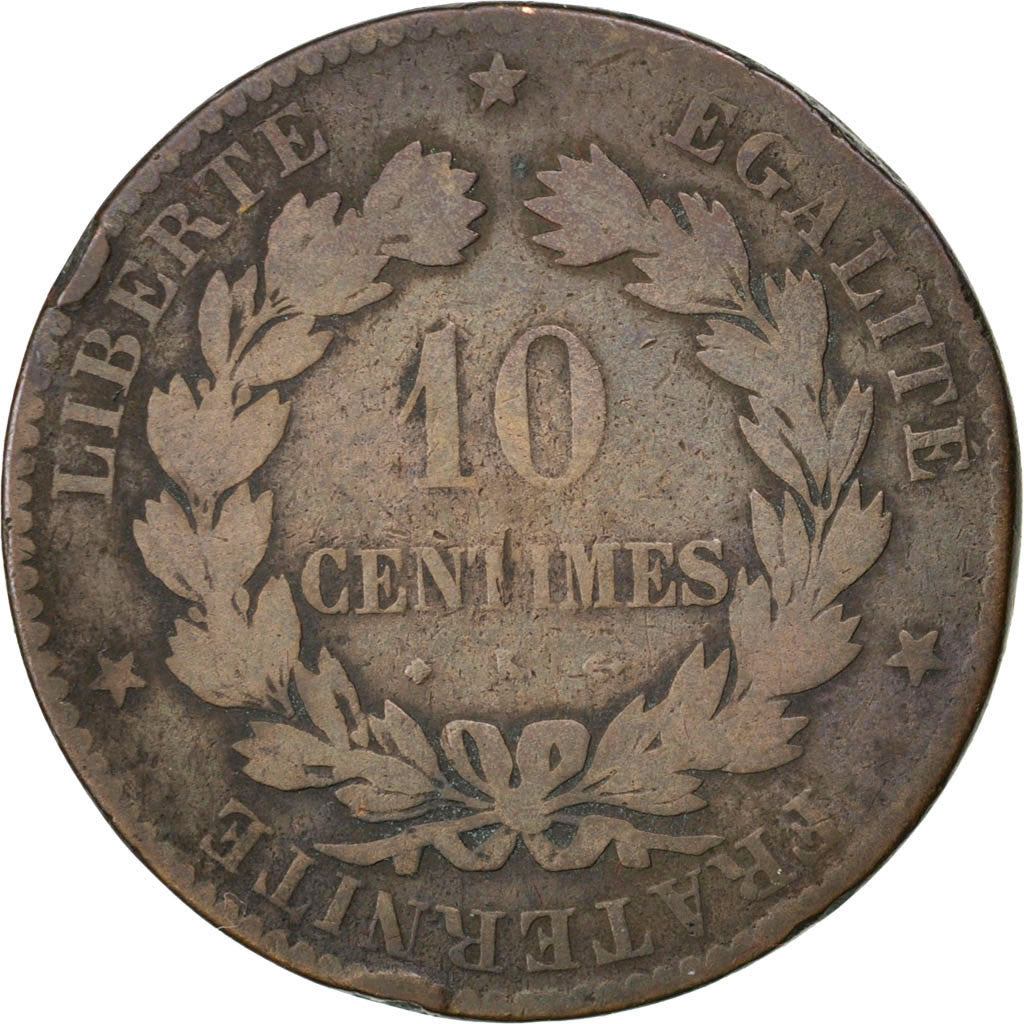 FRANCE, Cérès, 10 Centimes, 1875, Bordeaux, KM #815.2, VG(8-10), Bronze, Gadoury