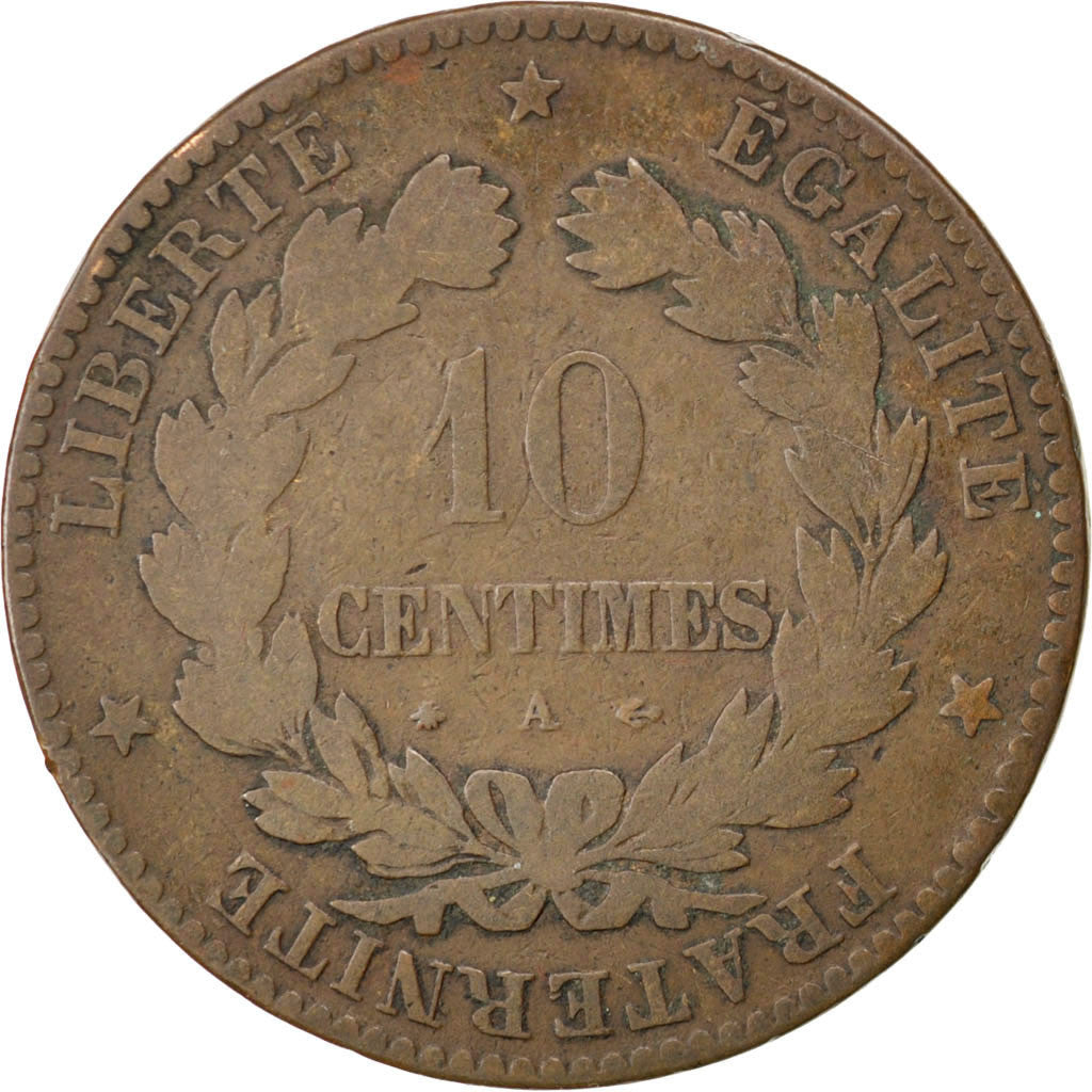 Moneda, Francia, Cérès, 10 Centimes, 1875, Paris, BC, Bronce, KM:815.1