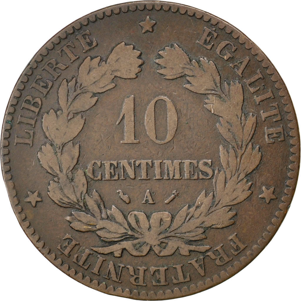 FRANCE, Cérès, 10 Centimes, 1882, Paris, KM #815.1, F(12-15), Bronze, Gadoury #.