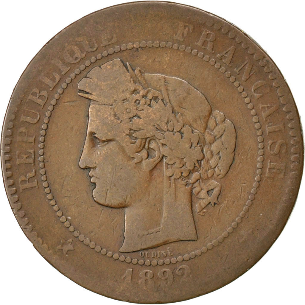 FRANCE, Cérès, 10 Centimes, 1892, Paris, KM #815.1, F(12-15), Bronze, Gadoury #.