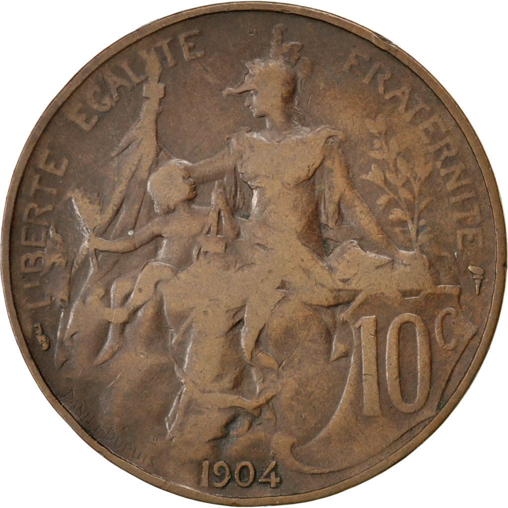 FRANCE, Dupuis, 10 Centimes, 1904, Paris, KM #843, VF(20-25), Bronze, 30,...