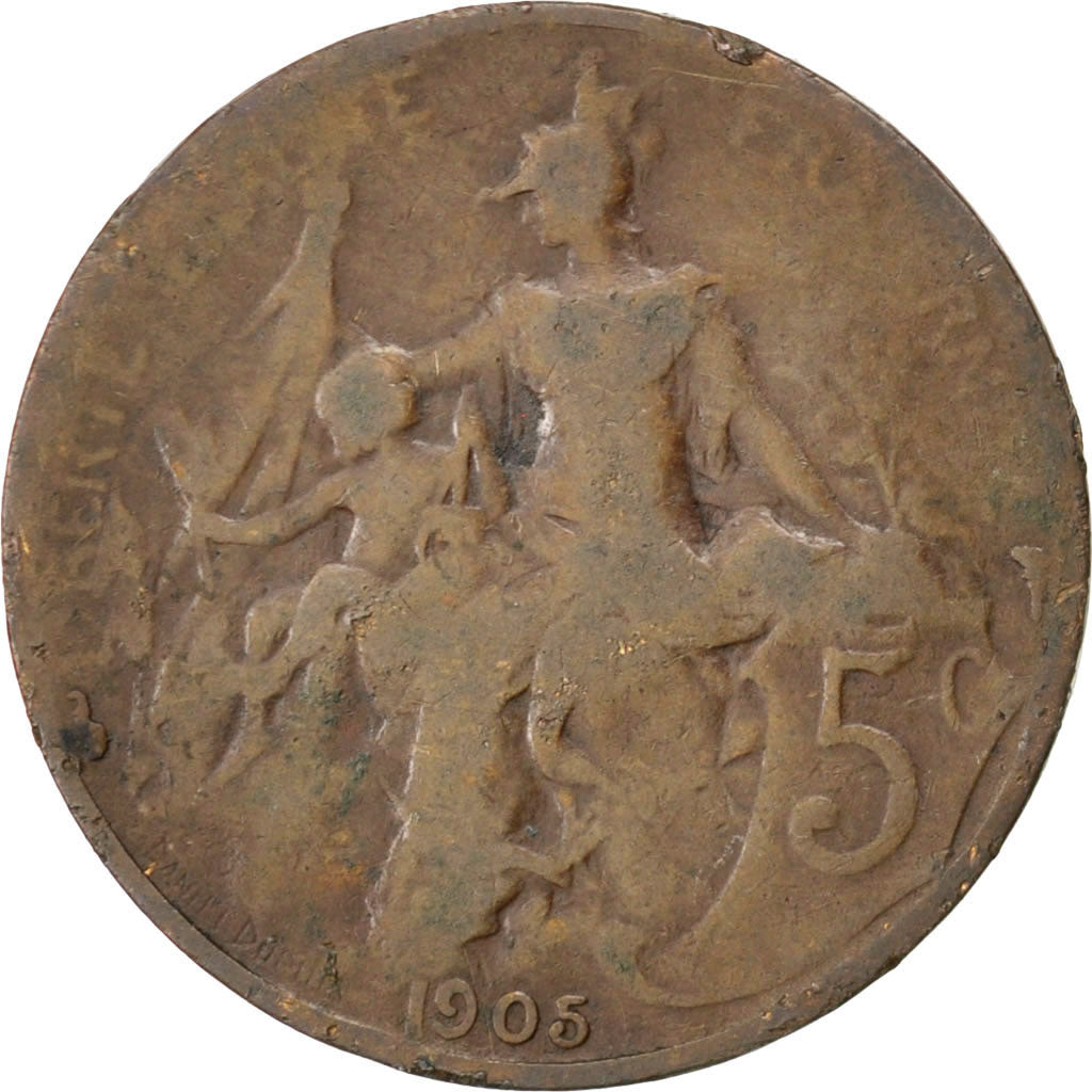 FRANCE, Dupuis, 5 Centimes, 1905, Paris, KM #842, VG(8-10), Bronze, 25.1,...