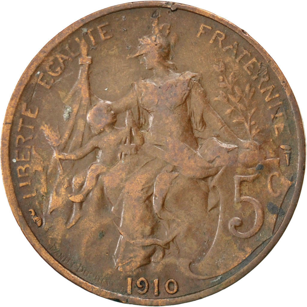 FRANCE, Dupuis, 5 Centimes, 1910, Paris, KM #842, VF(20-25), Bronze, 25.1,...