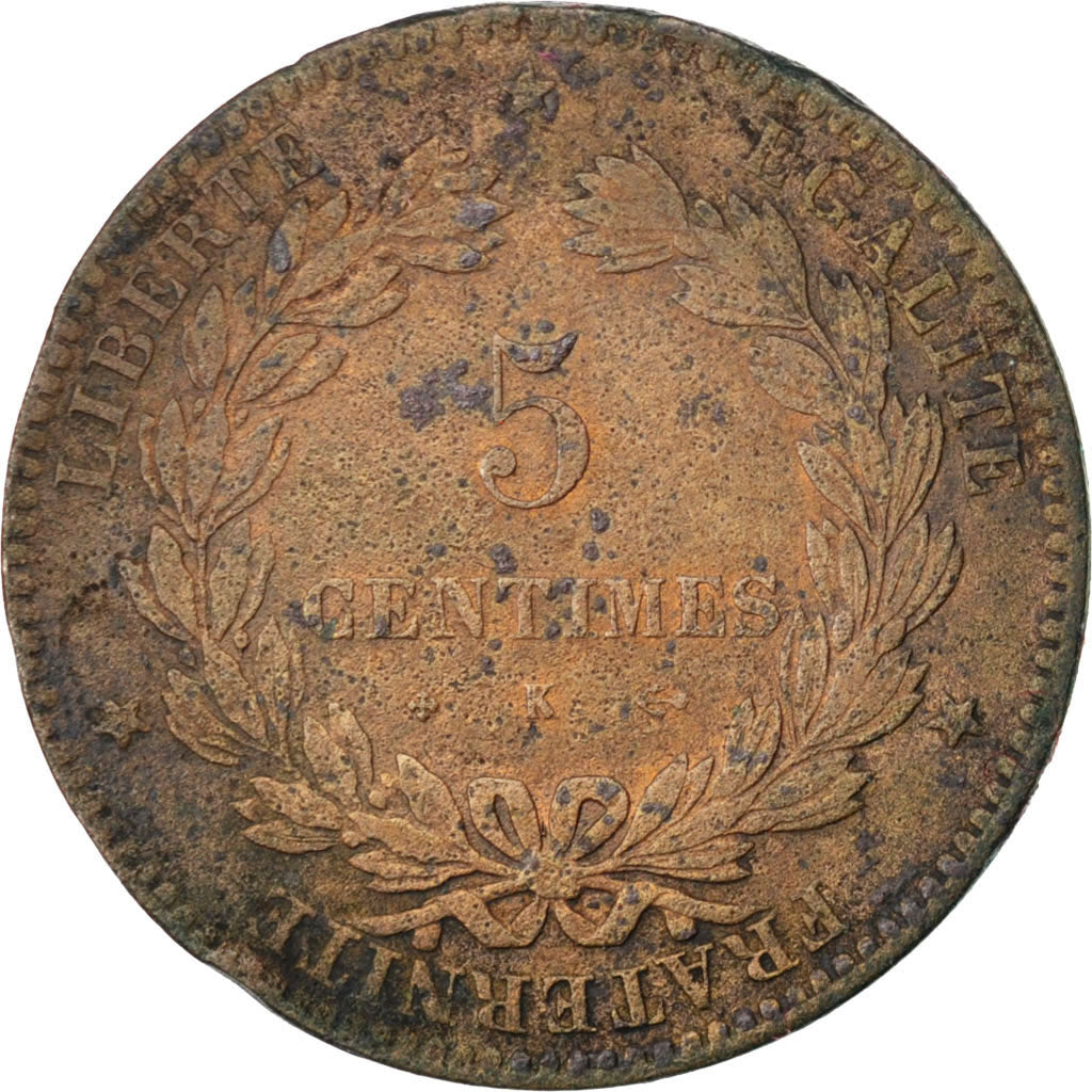 FRANCE, Cérès, 5 Centimes, 1875, Bordeaux, KM #821.2, VG(8-10), Bronze, Gadoury