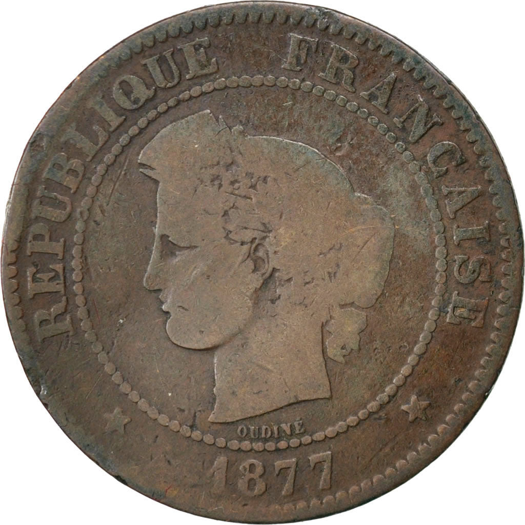 FRANCE, Cérès, 5 Centimes, 1877, Bordeaux, KM #821.2, VG(8-10), Bronze, Gadoury