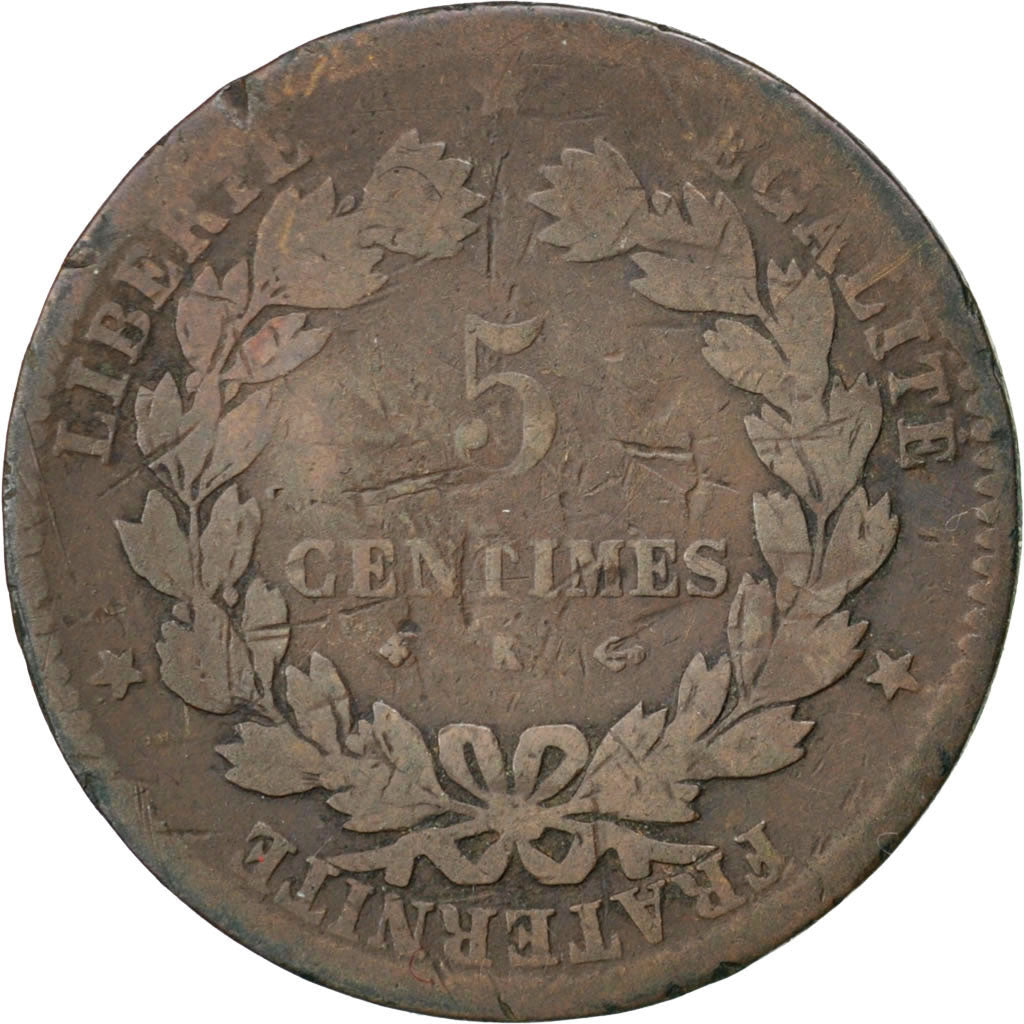 FRANCE, Cérès, 5 Centimes, 1877, Bordeaux, KM #821.2, VG(8-10), Bronze, Gadoury