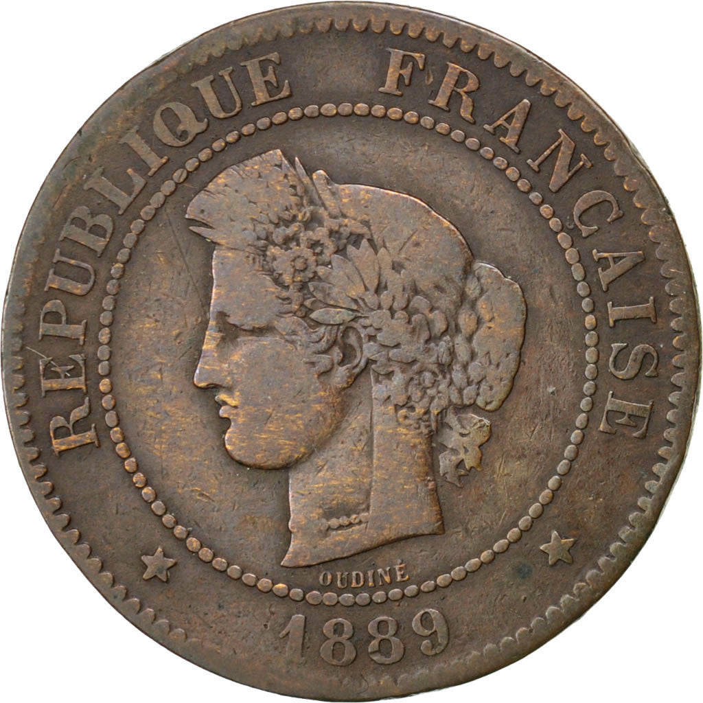 FRANCE, Cérès, 5 Centimes, 1889, Paris, KM #821.1, VF(20-25), Bronze, Gadoury #.