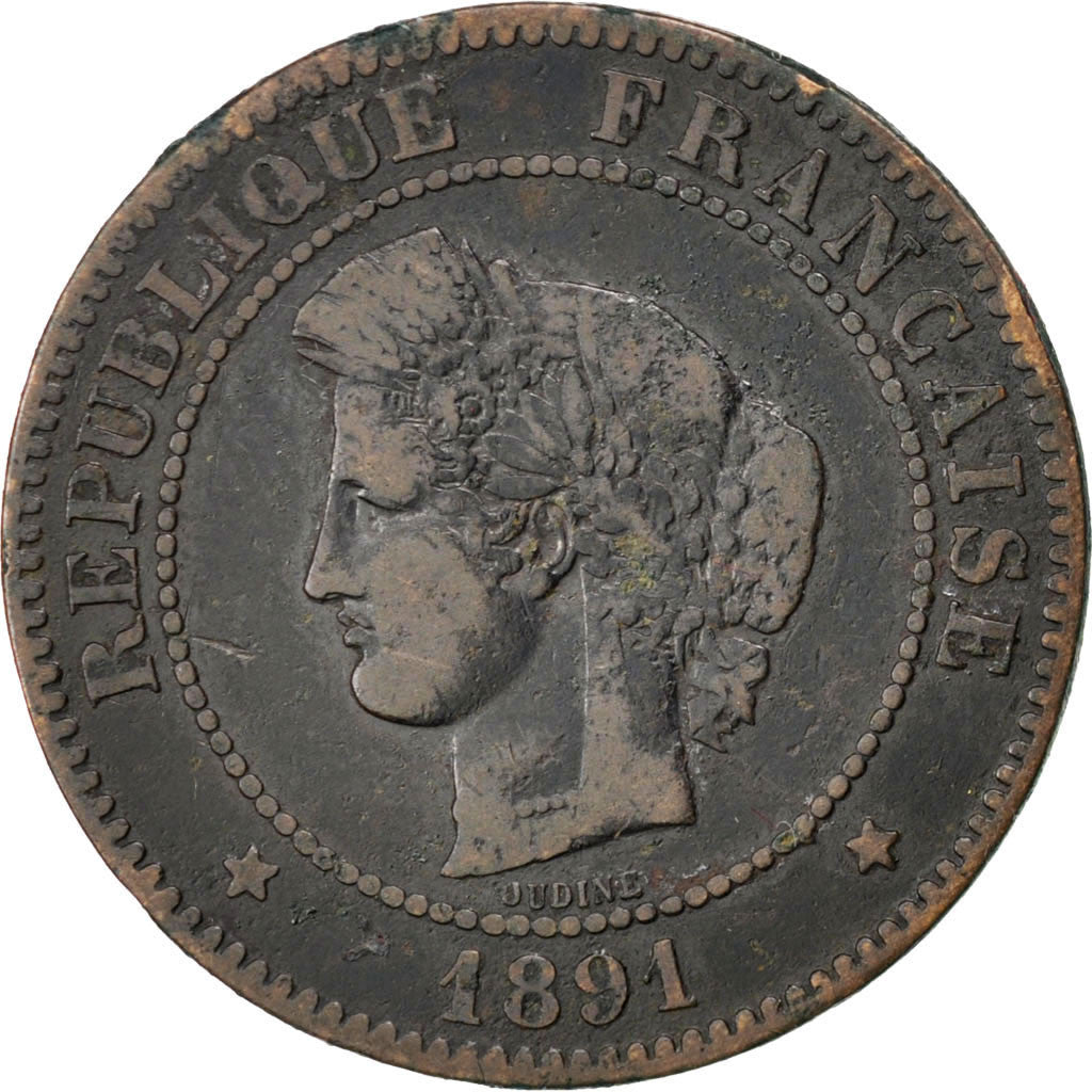 FRANCE, Cérès, 5 Centimes, 1891, Paris, KM #821.1, VF(20-25), Bronze, Gadoury #.