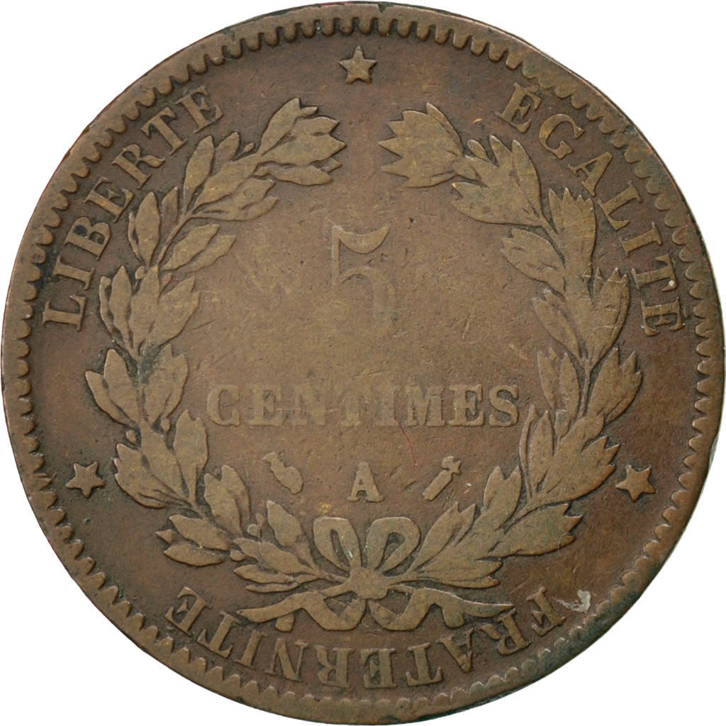 FRANCE, Cérès, 5 Centimes, 1893, Paris, KM #821.1, F(12-15), Bronze, Gadoury #..