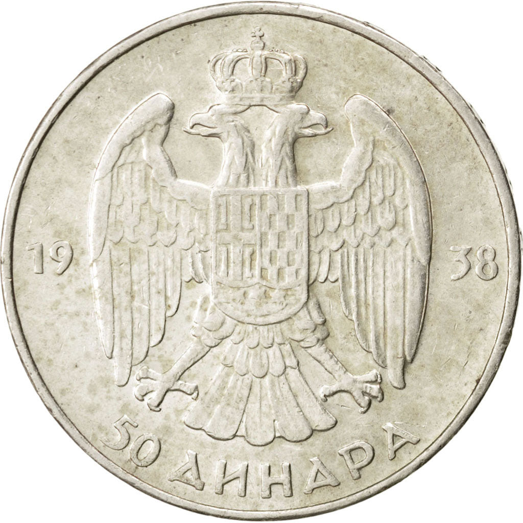 YUGOSLAVIA, 50 Dinara, 1938, KM #24, AU(55-58), Silver, 31, 15.02