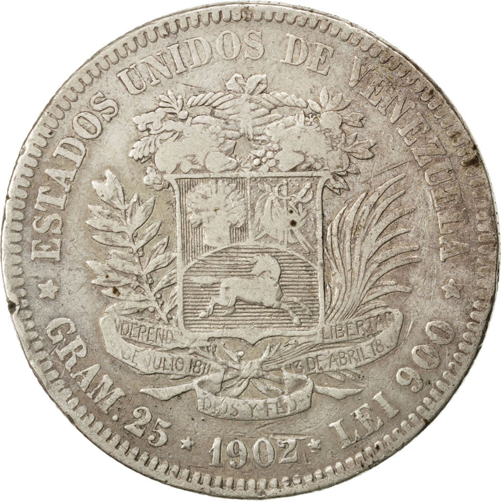 Monnaie, Venezuela, Gram 25, 5 Bolivares, 1902, TB+, Argent, KM:24.2