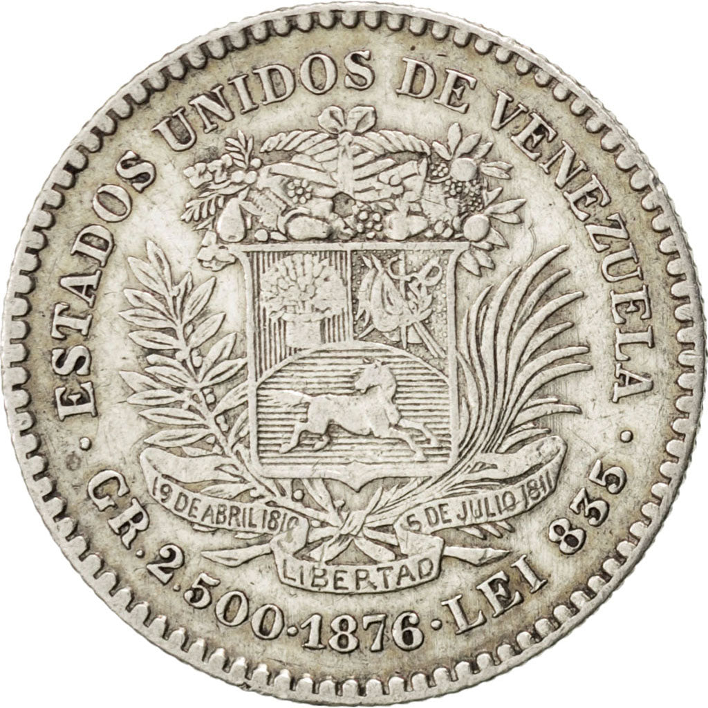 VENEZUELA, 10 Centavos, 1876, Paris, KM #13.1, EF(40-45), Silver, 2.51