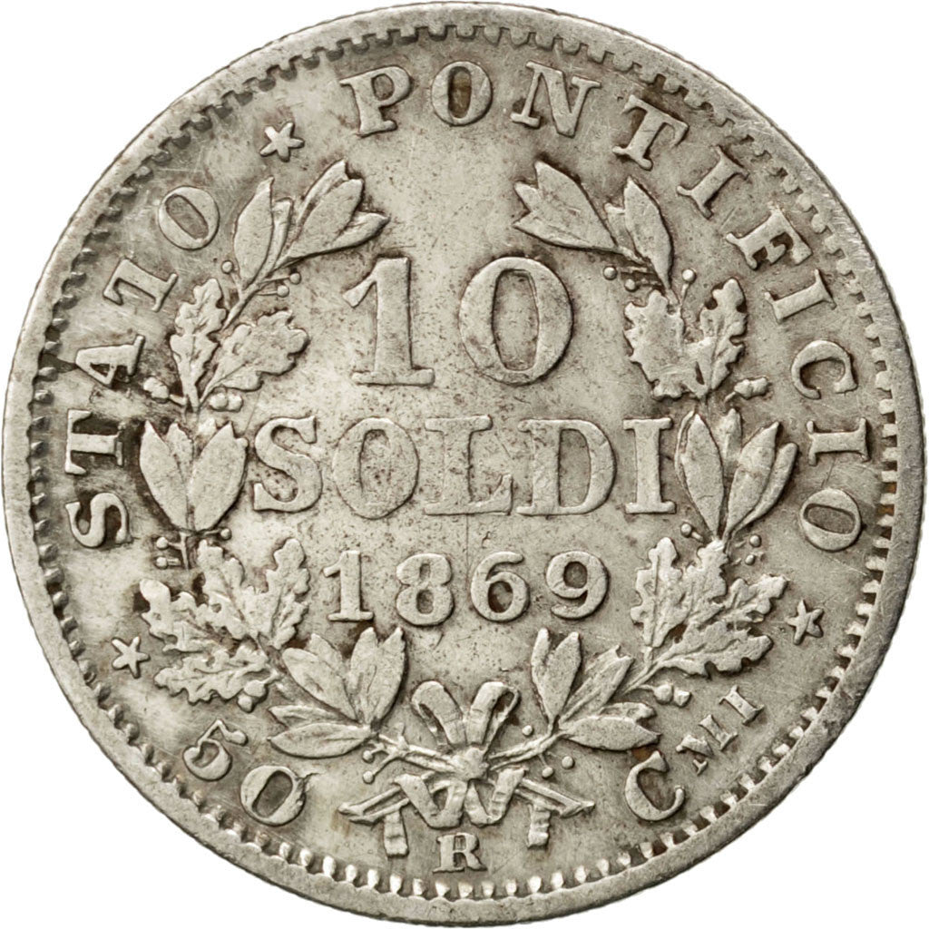 ITALIAN STATES, 10 Soldi, 50 Centesimi, 1869, Roma, KM #1386.1, EF(40-45),...
