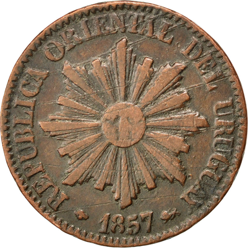 URUGUAY, 5 Centesimos, 1857, Lyon, KM #8, VF(20-25), Copper, 4.23