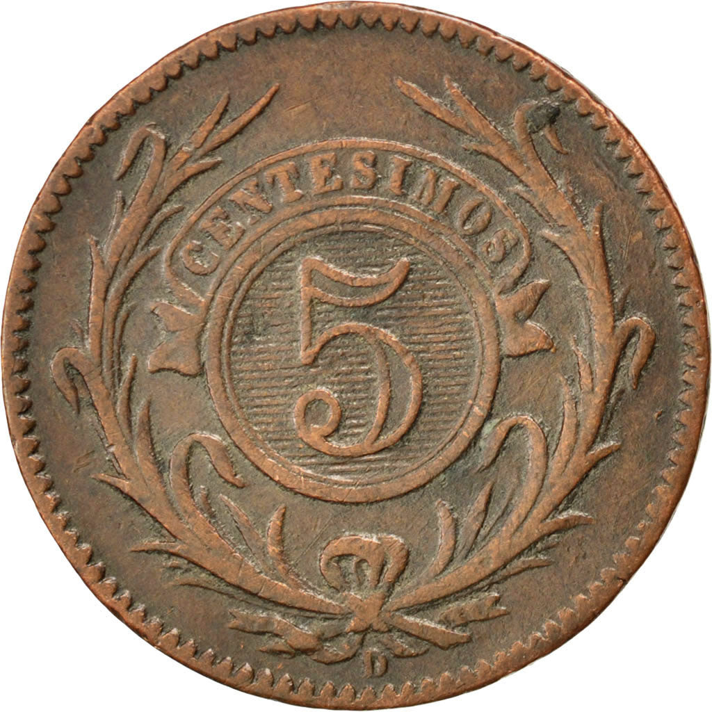 URUGUAY, 5 Centesimos, 1857, Lyon, KM #8, VF(20-25), Copper, 4.23