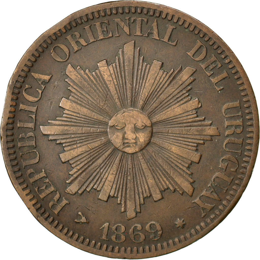 URUGUAY, 4 Centesimos, 1869, Uruguay Mint, KM #13, EF(40-45), Bronze, 19.95