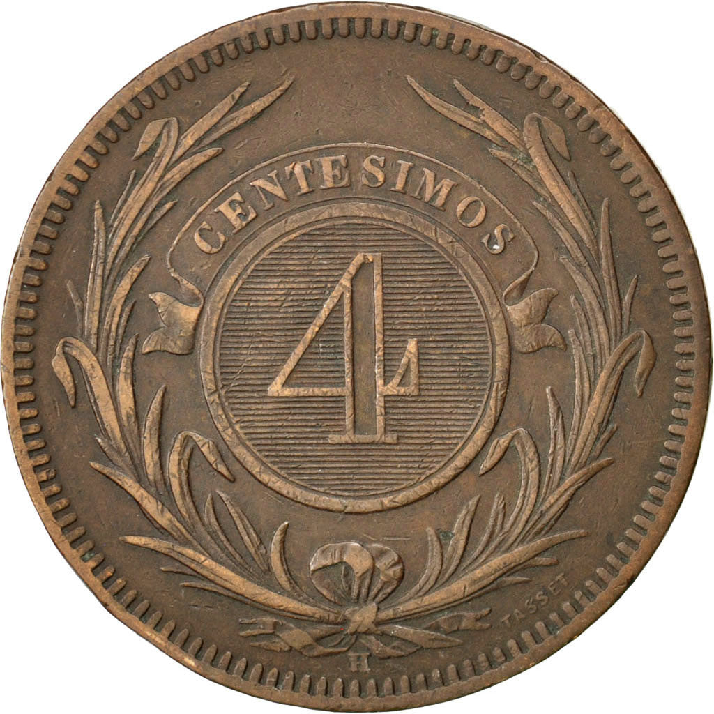 URUGUAY, 4 Centesimos, 1869, Uruguay Mint, KM #13, EF(40-45), Bronze, 19.95
