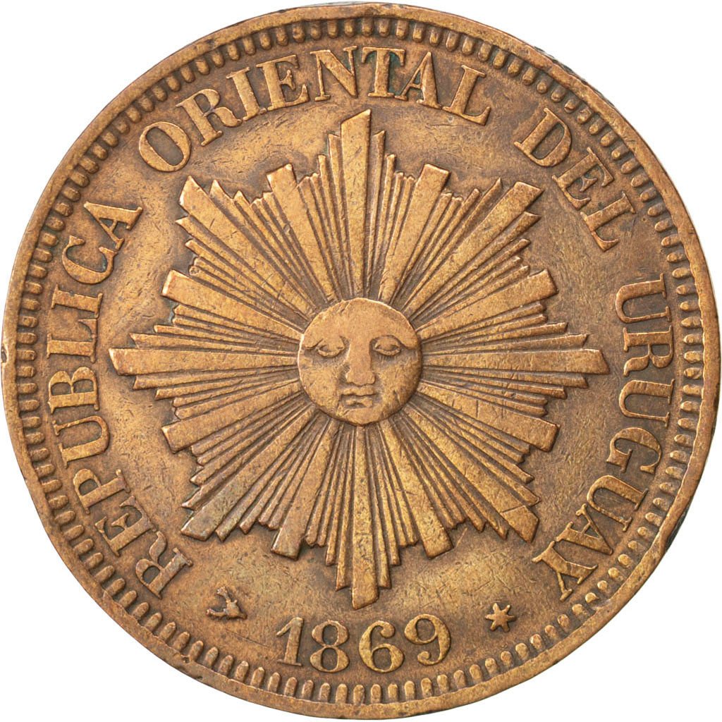 URUGUAY, 4 Centesimos, 1869, Uruguay Mint, KM #13, EF(40-45), Bronze, 19.84
