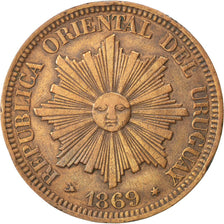 URUGUAY, 4 Centesimos, 1869, Uruguay Mint, KM #13, EF(40-45), Bronze, 19.84