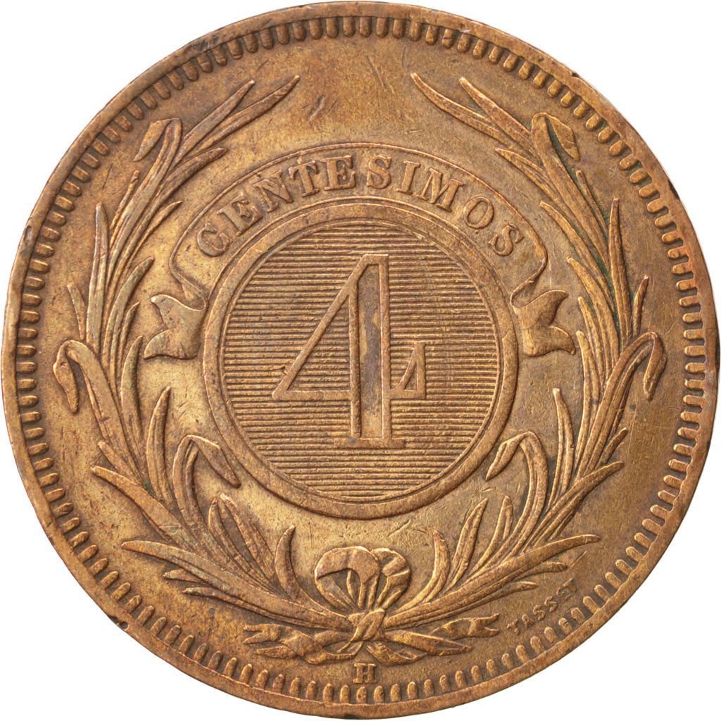 URUGUAY, 4 Centesimos, 1869, Uruguay Mint, KM #13, EF(40-45), Bronze, 19.84
