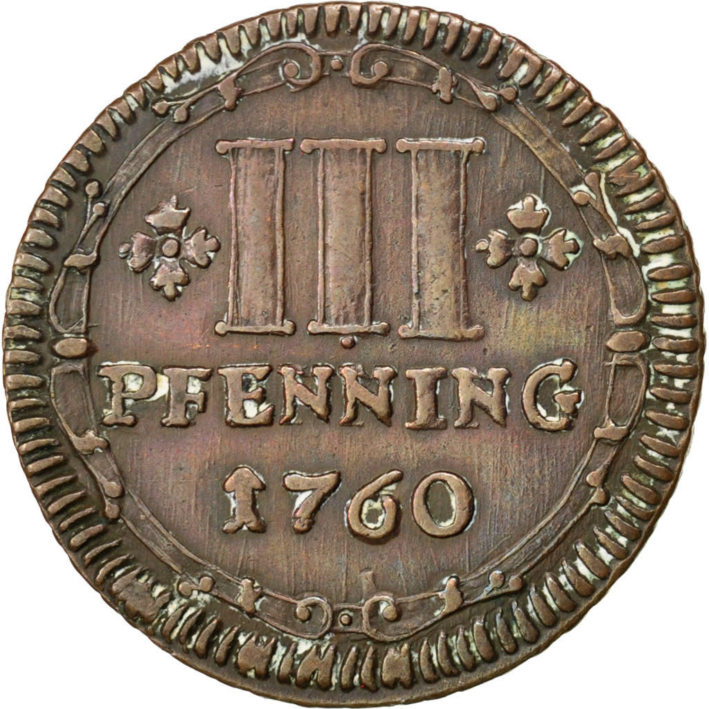 Coin, German States, MUNSTER, 3 Pfenning, 1760, AU(55-58), Copper, KM:430