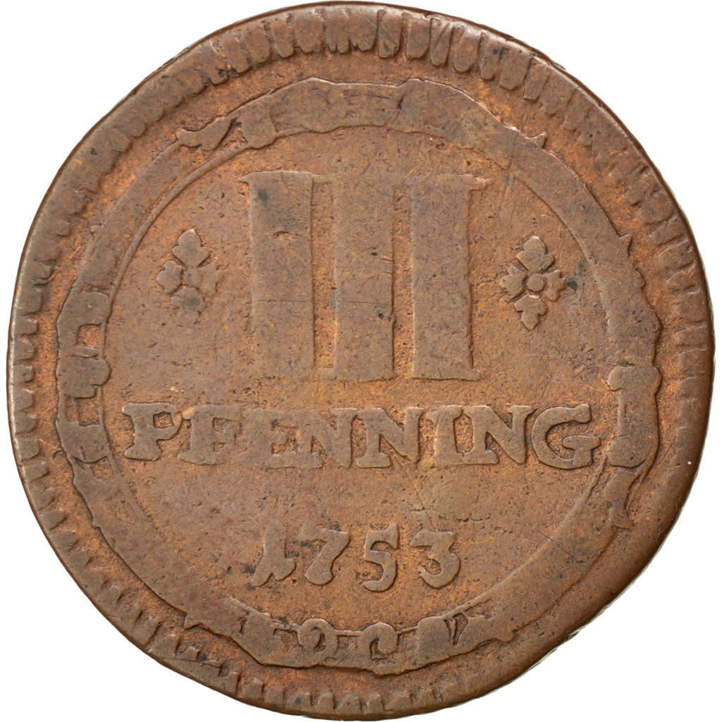 GERMAN STATES, 3 Pfenning, 1753, KM #430, VF(30-35), Copper, 4.28