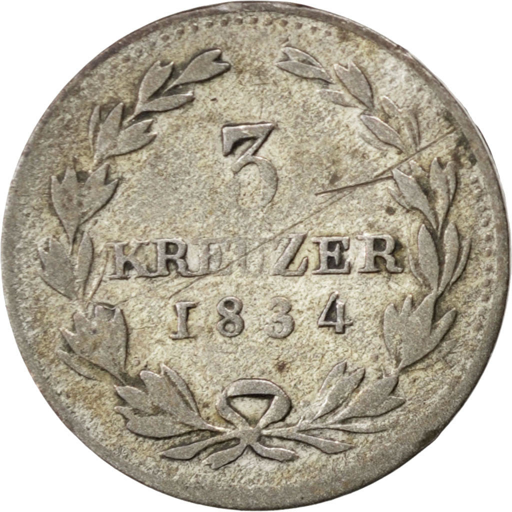 GERMAN STATES, 3 Kreuzer, 1834, KM #199, VF(30-35), Silver, 1.12