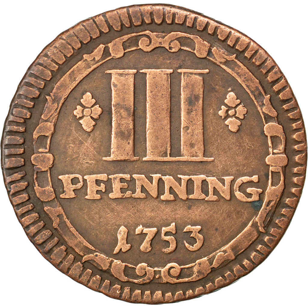 GERMAN STATES, 3 Pfenning, 1753, KM #430, VF(30-35), Copper, 4.00