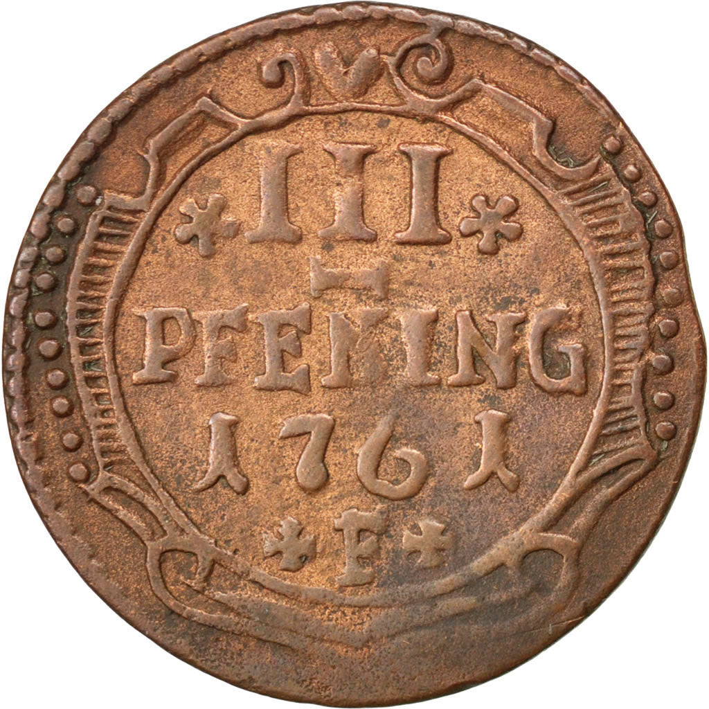 GERMAN STATES, 3 Pfennig, 1761, KM #129, EF(40-45), Copper, 22.5, 2.14