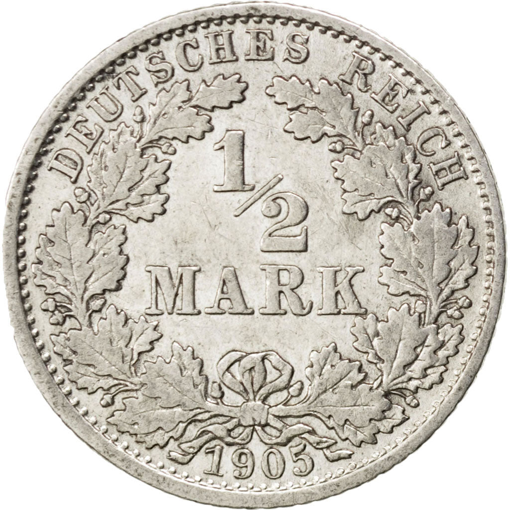 GERMANY - EMPIRE, 1/2 Mark, 1905, Stuttgart, KM #17, AU(55-58), Silver, 20, 2.75